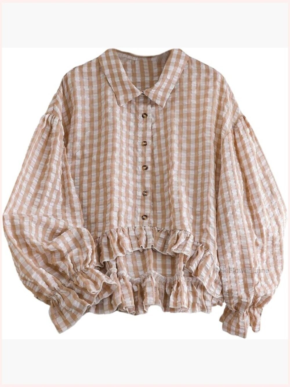 Plus Size Gingham Plaid Button Down Crop Top Ruffle Long Sleeve Blouse